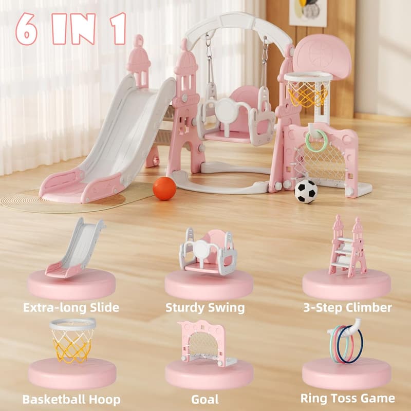 Kids Outdoor Slide and Swing Set with Basketball Hoop (Pink)