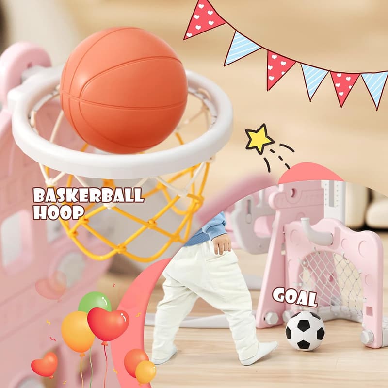 Kids Outdoor Slide and Swing Set with Basketball Hoop (Pink)