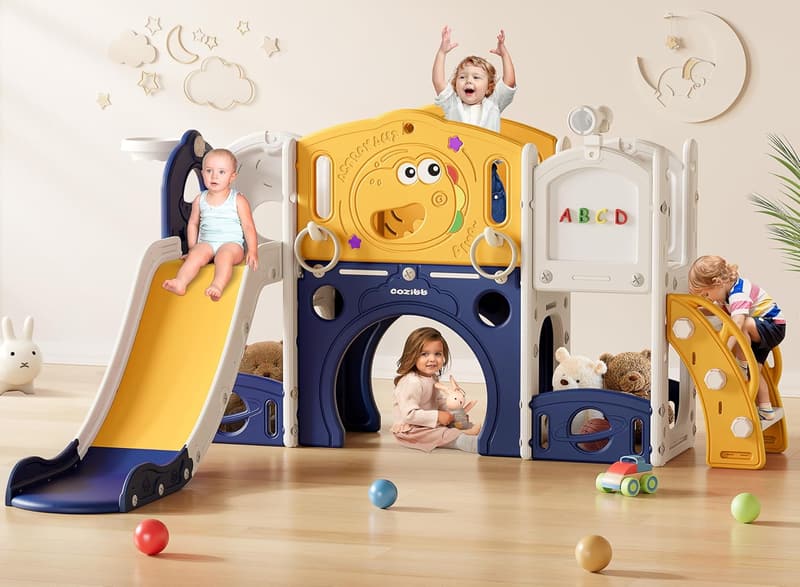 Toddler Playset with Slide, Drawing Board & Basketball Hoop