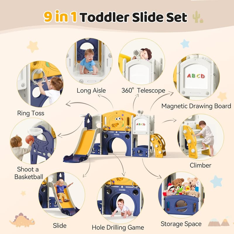 Toddler Playset with Slide, Drawing Board & Basketball Hoop