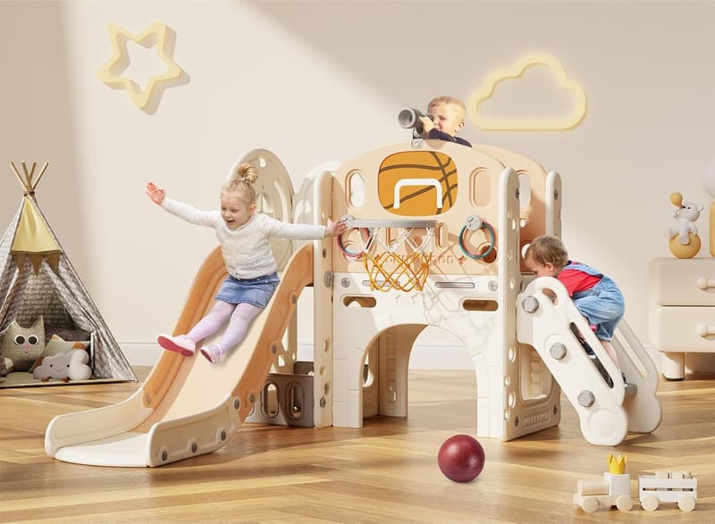 Toddler Slide Playset with Ring Toss & Basketball Hoop, Beige