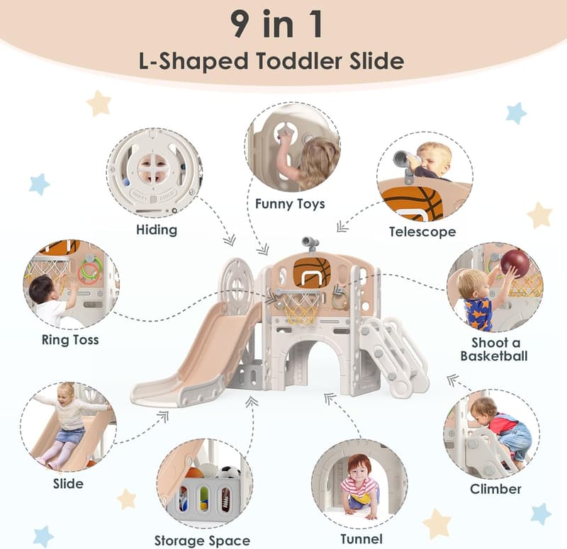 Toddler Slide Playset with Ring Toss & Basketball Hoop, Beige