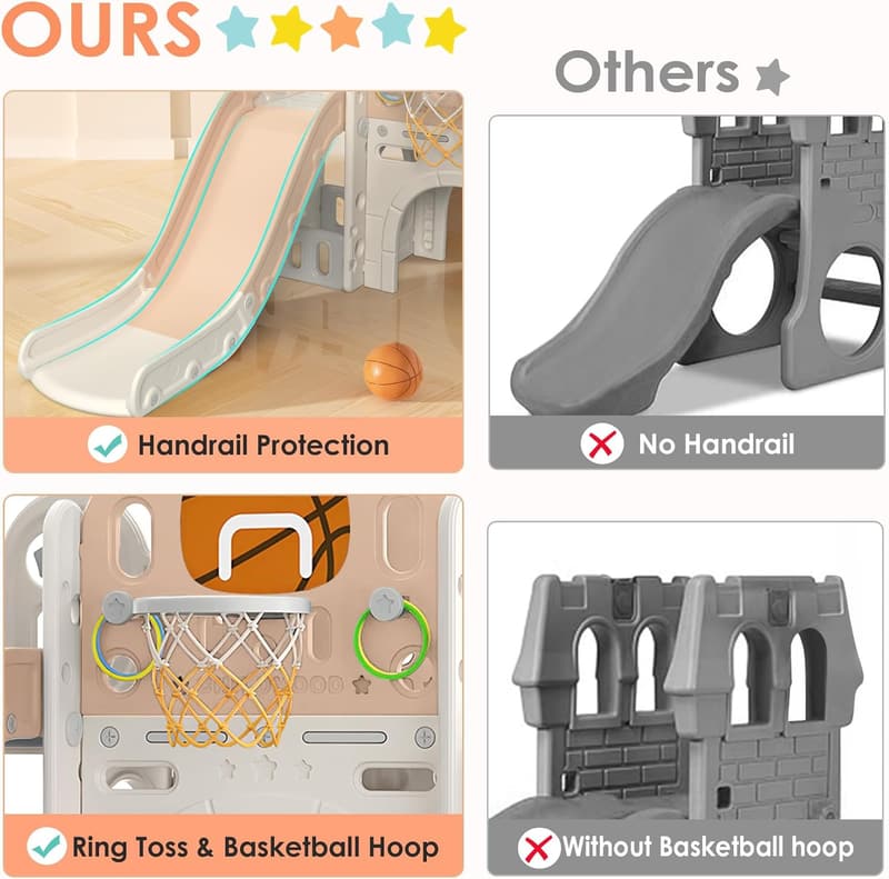 Toddler Slide Playset with Ring Toss & Basketball Hoop, Beige