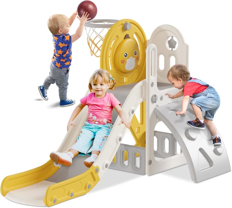 Toddler Slide with Basketball Hoop - Cute Duck Theme, Yellow