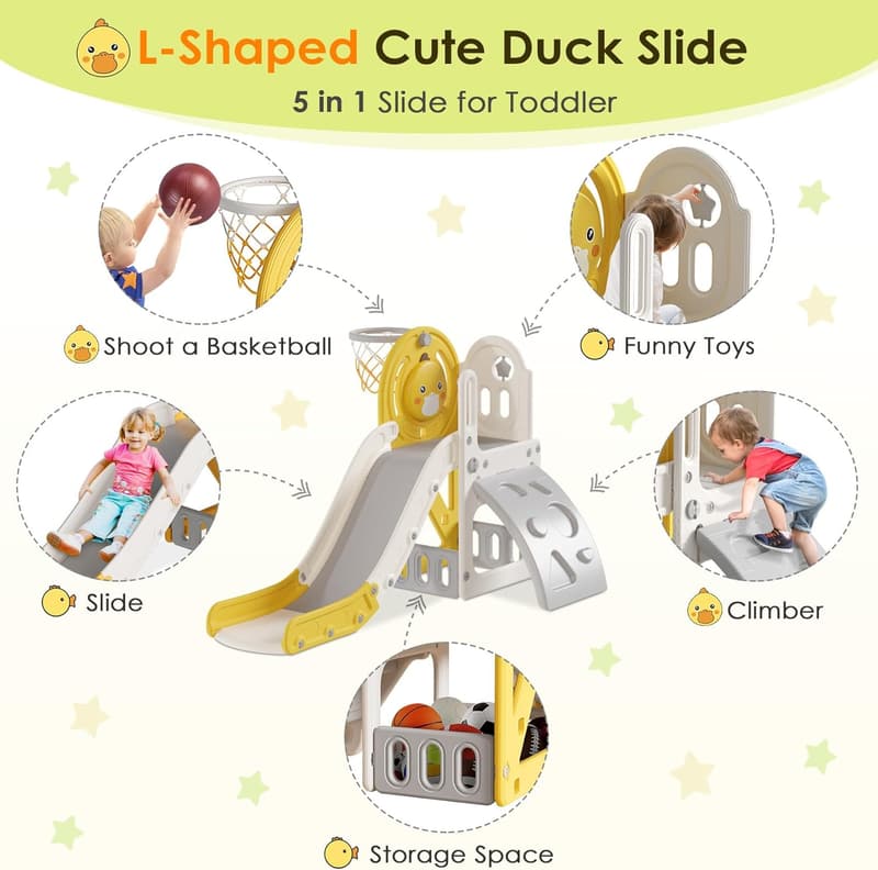 Toddler Slide with Basketball Hoop - Cute Duck Theme, Yellow