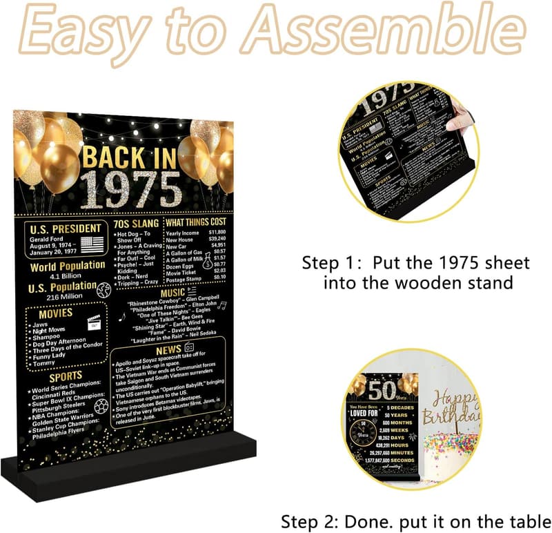 50th Birthday Acrylic Table Sign - Black Gold Double Print Decor