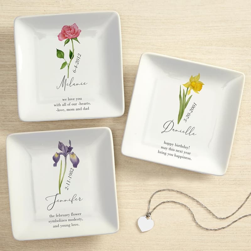 Personalized Birth Month Flower Ring Dish - 100% Porcelain