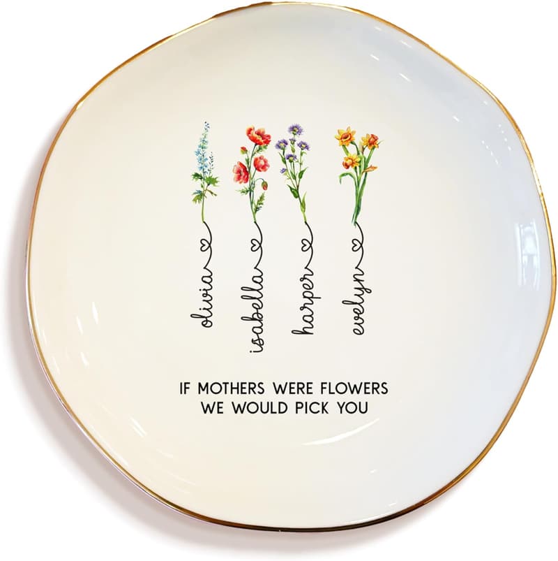 Mother's Day Personalized Birth Flower Ring Dish - Custom Jewelry Tray for Mom