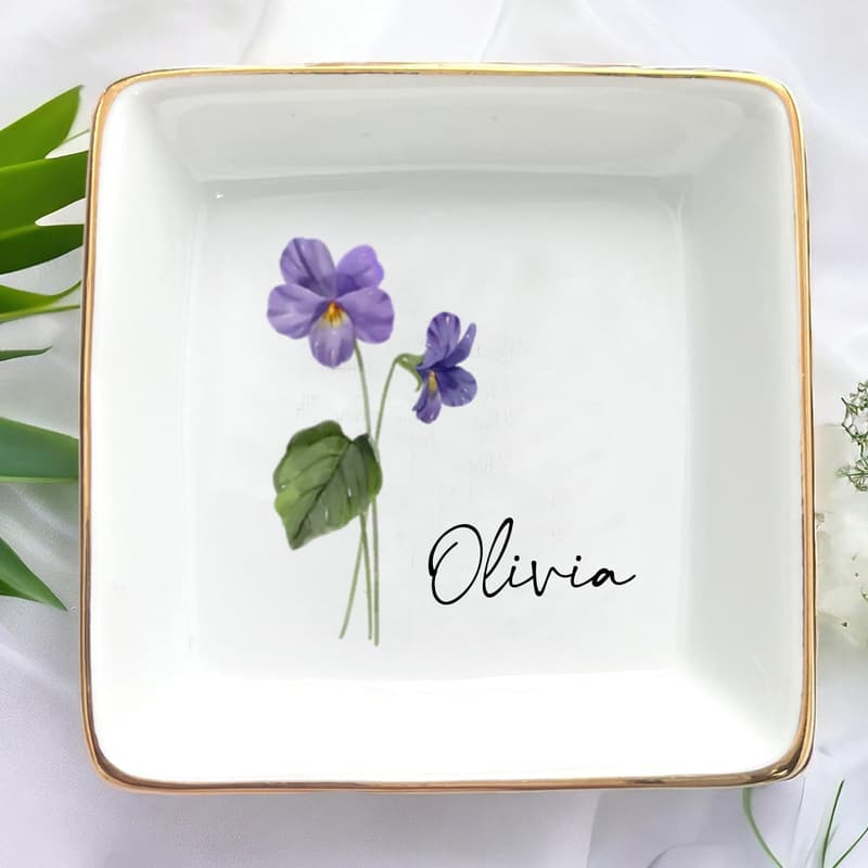 Custom Birth Month Flower Jewelry Dish - Birthday Gift