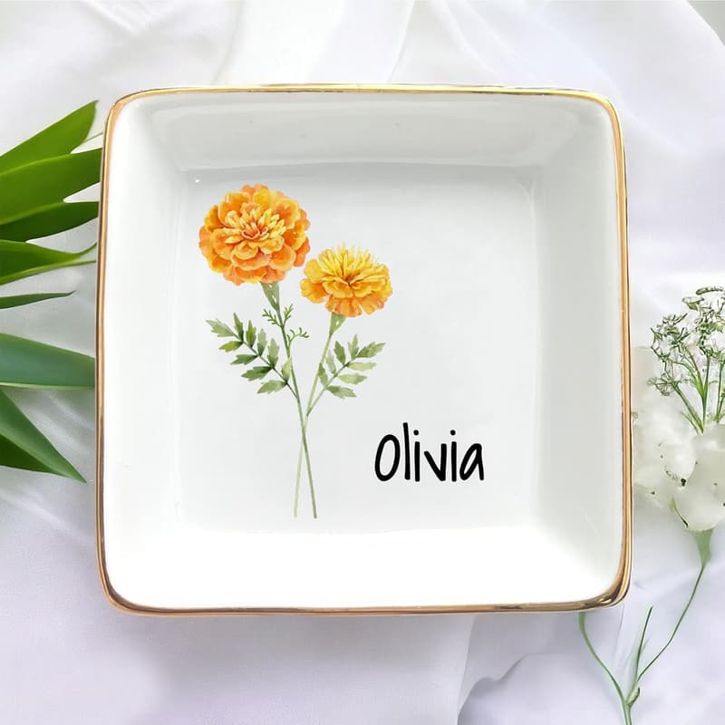 Personalized Birth Month Flower Jewelry Dish for Friends