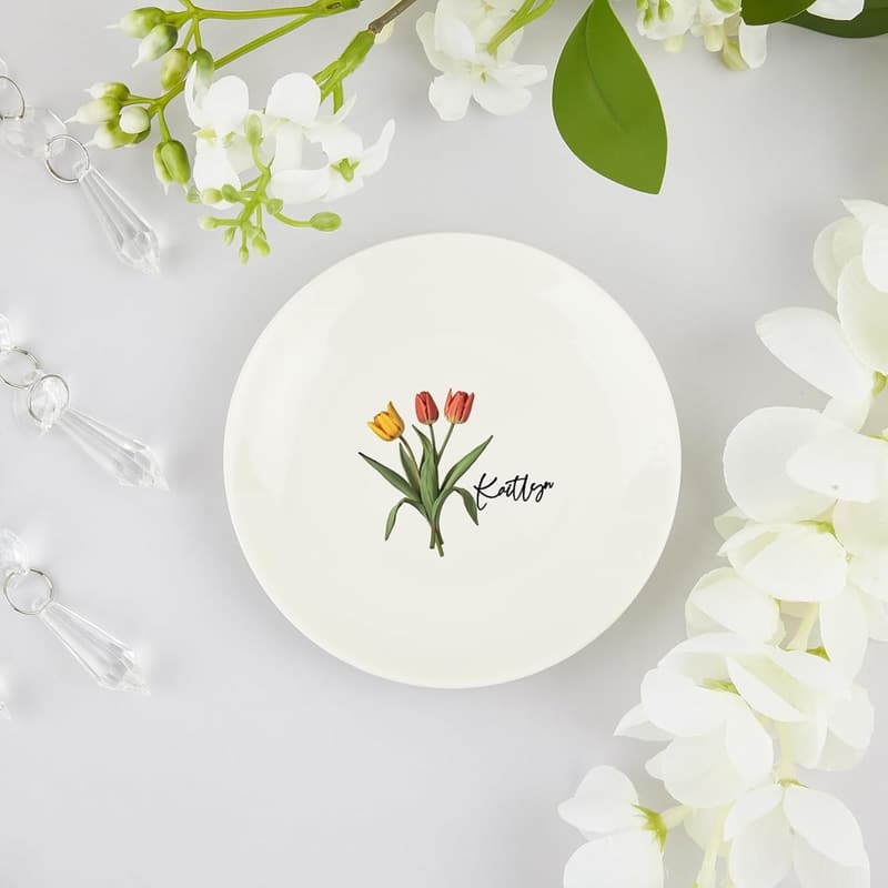 April Birth Flower Jewelry Tray - Personalized Ceramic Dish