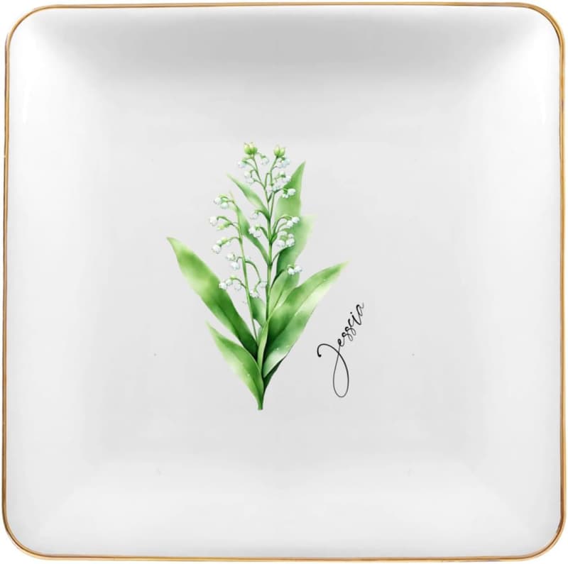 Personalized Lily of the Valley Ring Dish - Custom Ceramic Trinket Holder