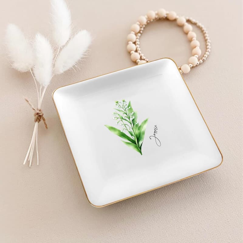 Personalized Lily of the Valley Ring Dish - Custom Ceramic Trinket Holder