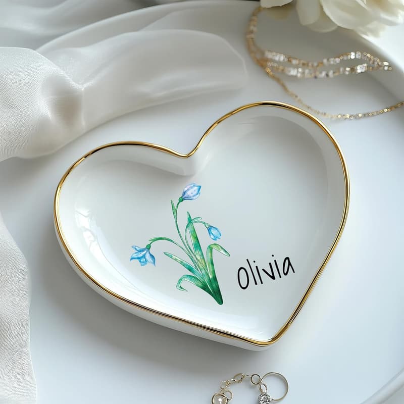 Custom Birth Month Flower Jewelry Dish – Personalized Ceramic Trinket Tray