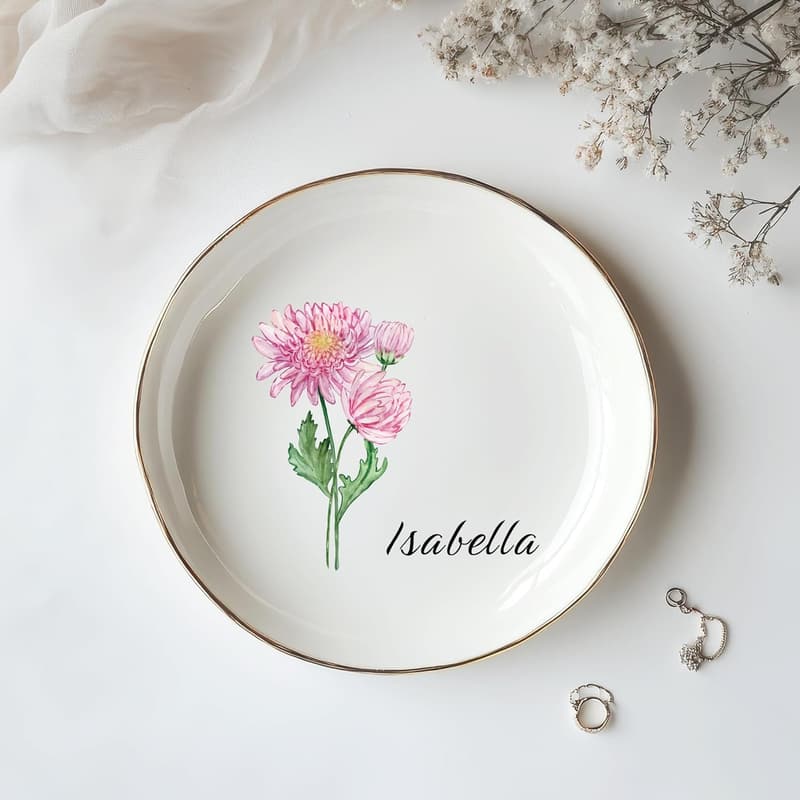 Custom Birth Month Flower Jewelry Dish – Personalized Ceramic Trinket Tray