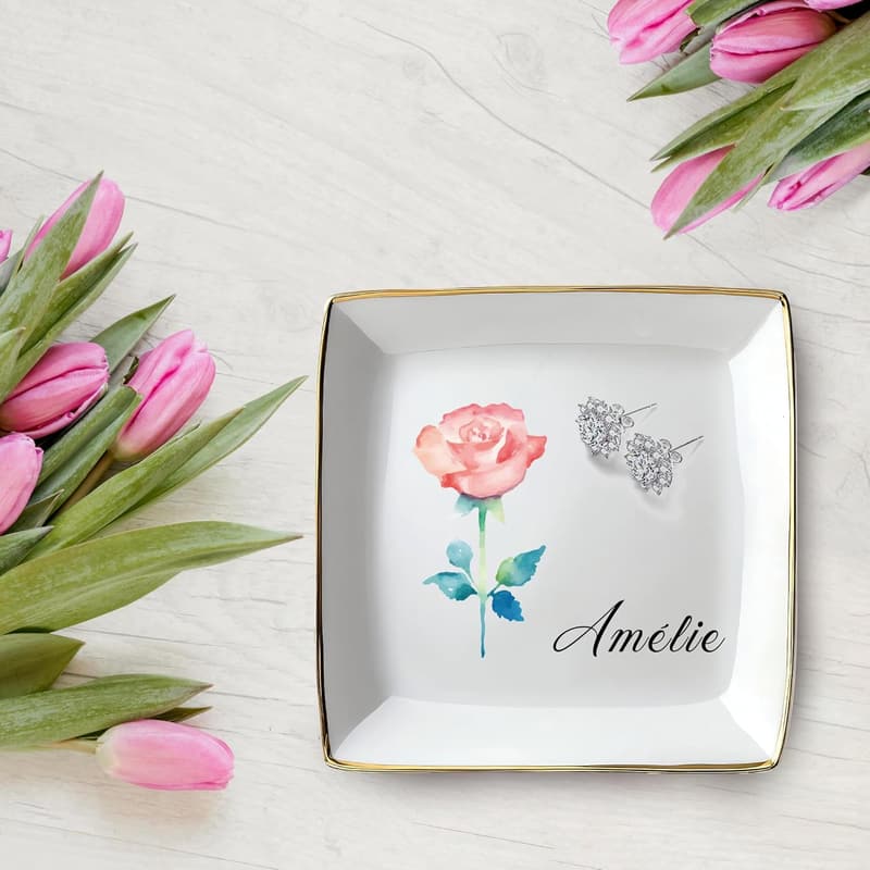 Custom Birth Month Flower Jewelry Dish – Personalized Ceramic Trinket Tray