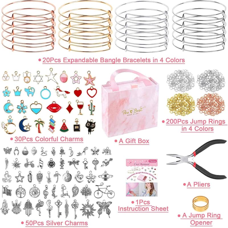 Charm Bangle Bracelet Making Kit with 300 Pieces & Tools