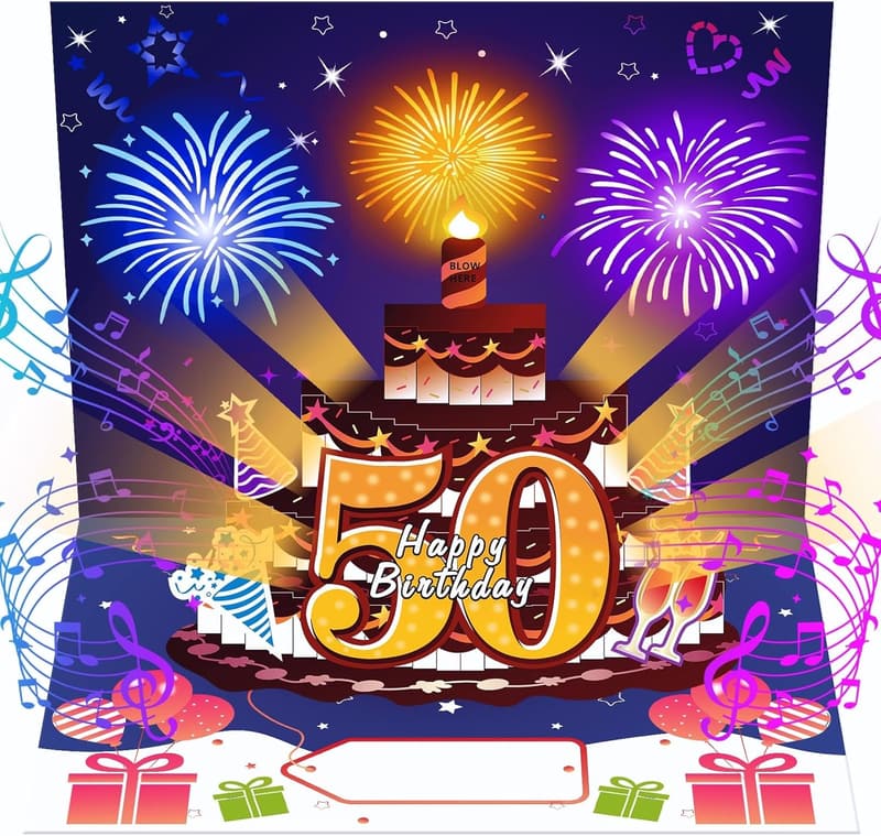 50th Birthday Pop-Up Card with Lights, Music & Cake