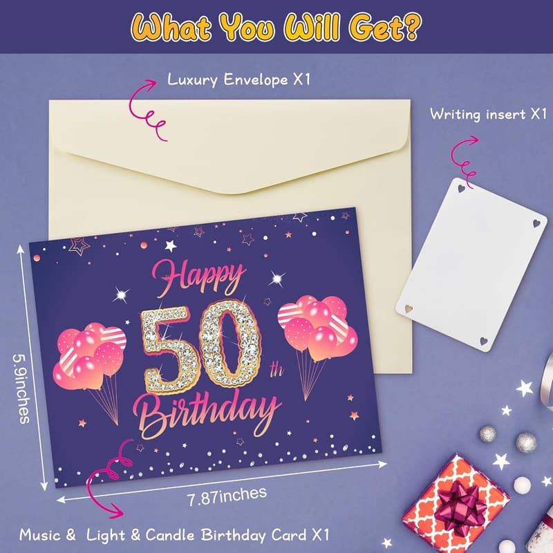 50th Birthday Pop-Up Card with Lights, Music & Cake