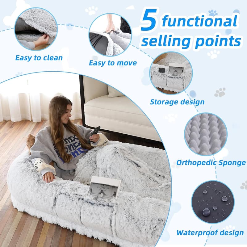 Washable Faux Fur Human Dog Bed for Napping and Relaxing