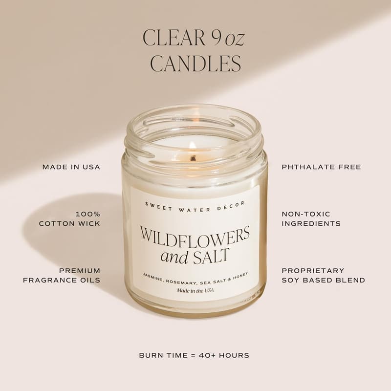 Coastal Sea Salt Soy Candle - Beach Scent, 9oz, 40-Hour Burn