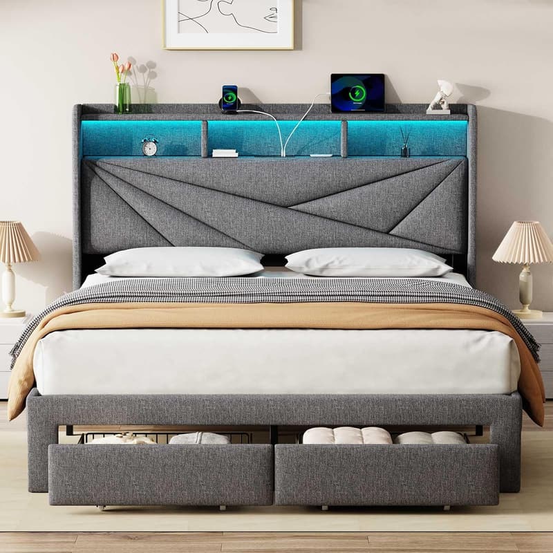 Upholstered King Bed Frame with Storage & Charging Station