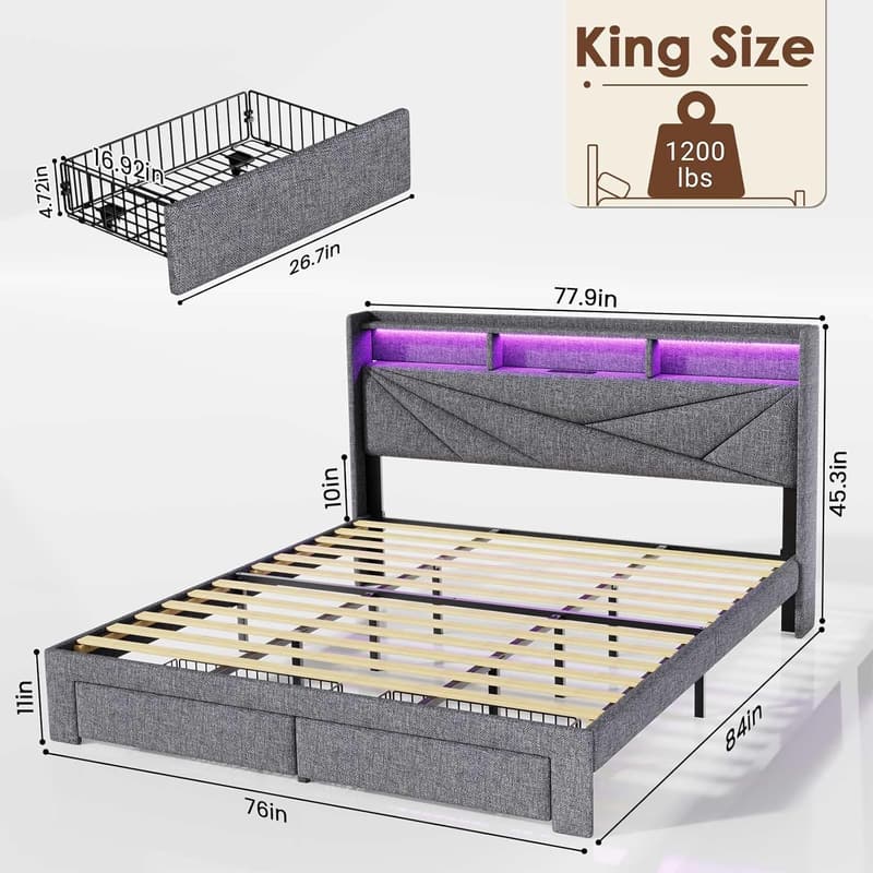 Upholstered King Bed Frame with Storage & Charging Station