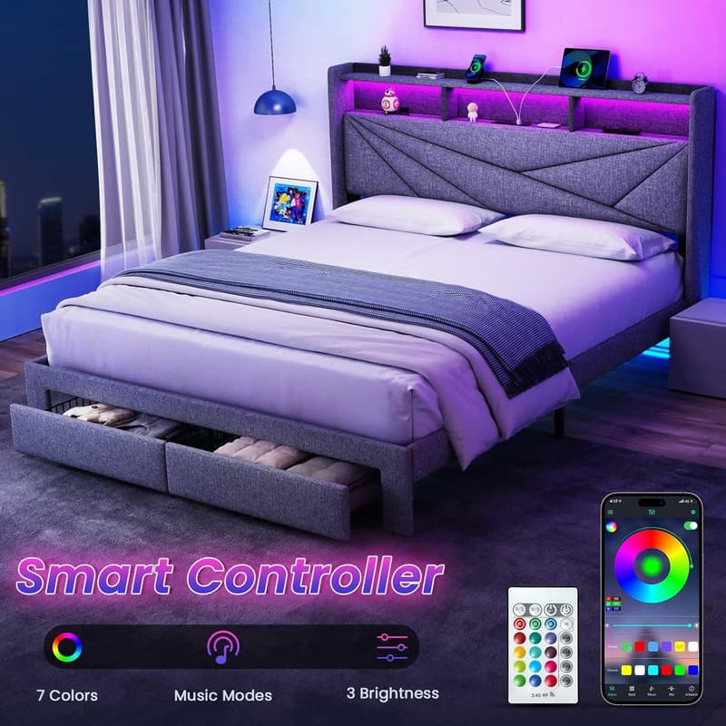 Upholstered King Bed Frame with Storage & Charging Station