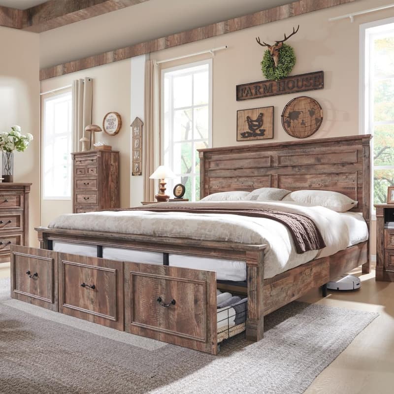 Farmhouse King Bed Frame with Tall Headboard and Storage Drawers