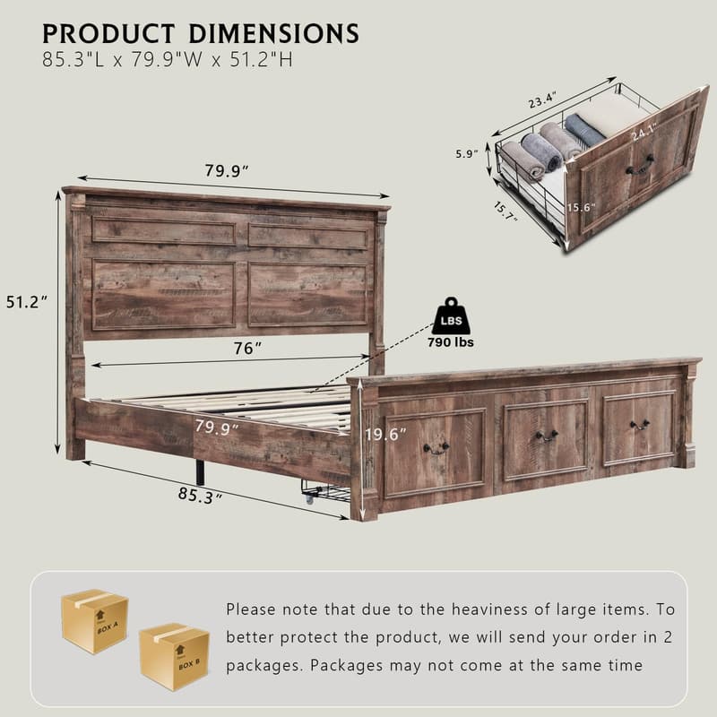 Farmhouse King Bed Frame with Tall Headboard and Storage Drawers