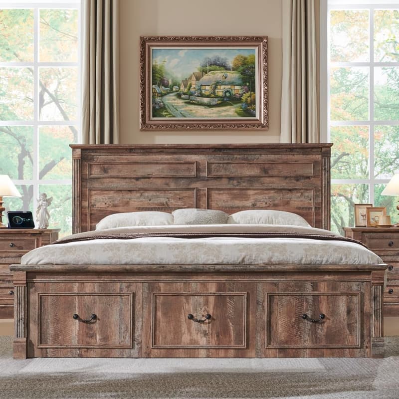Farmhouse King Bed Frame with Tall Headboard and Storage Drawers