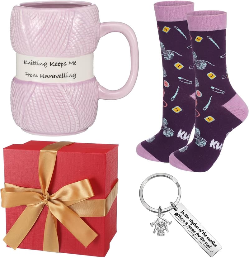 Mother's Day Crochet Gift Set for Women - 4 Pieces with Mugs & Socks