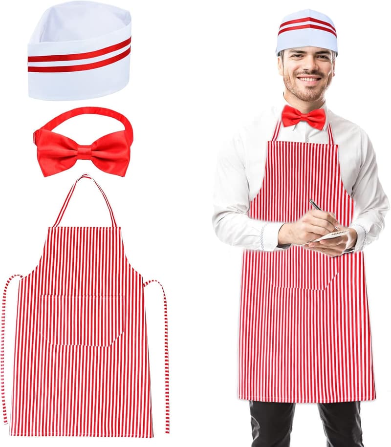 1950s Theme Waiter Costume Kit with Hat, Apron & Bow Tie