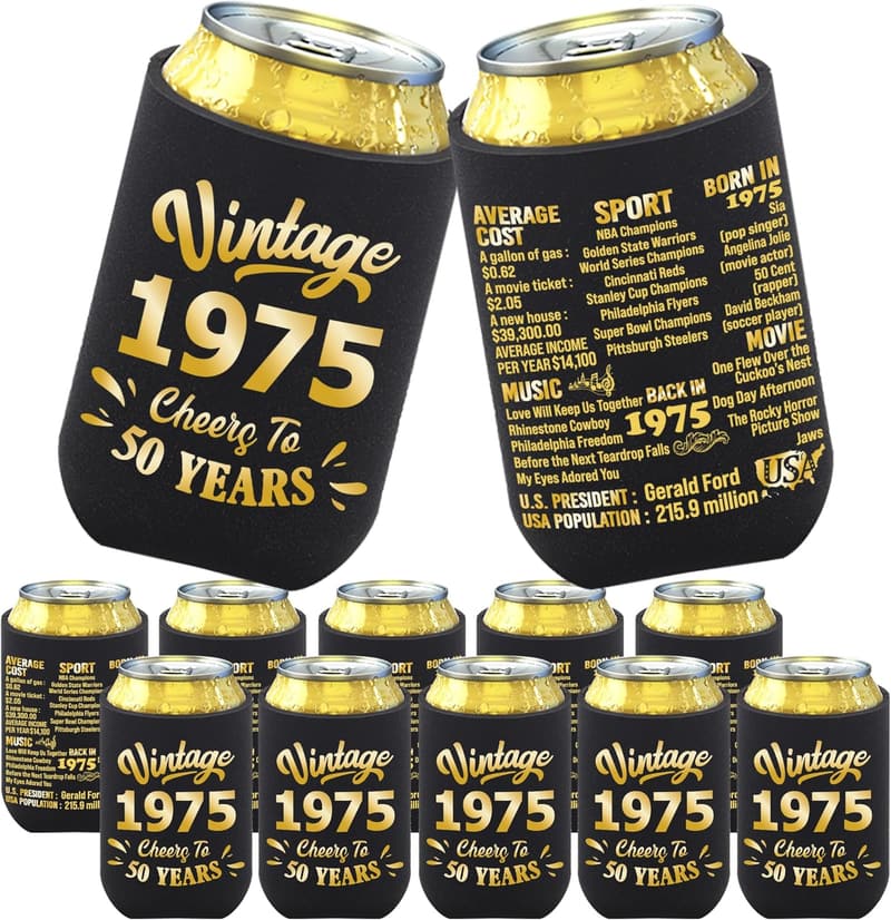 50th Birthday Party Supplies - Black & Gold Can Cooler Sleeves (12-Pack)