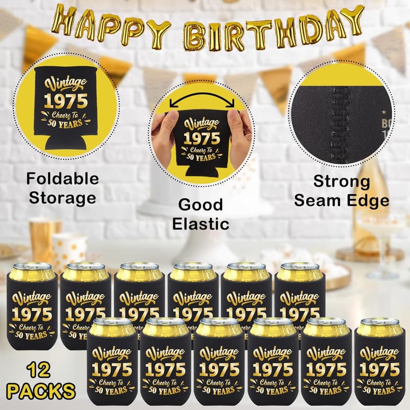 50th Birthday Party Supplies - Black & Gold Can Cooler Sleeves (12-Pack)