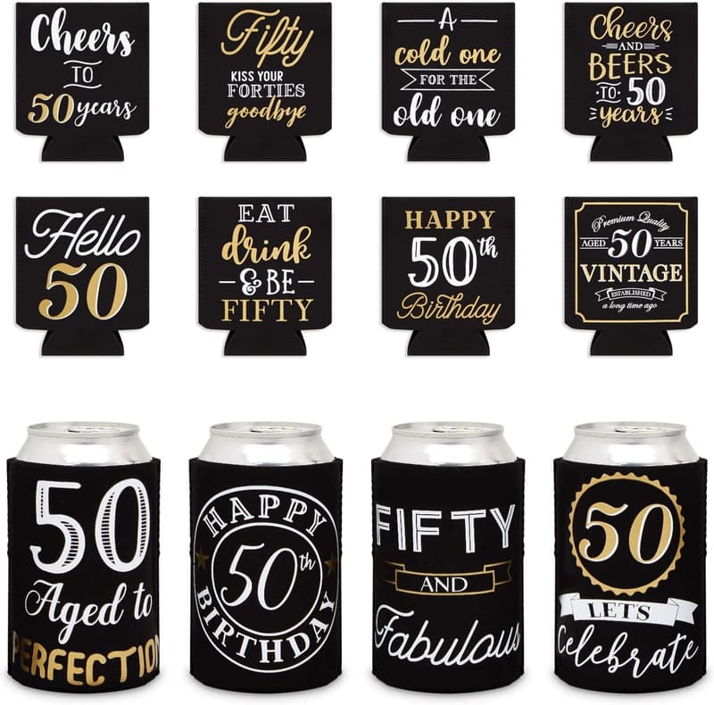 50th Birthday Can Cooler Sleeves - Black & Gold, 12 Pack