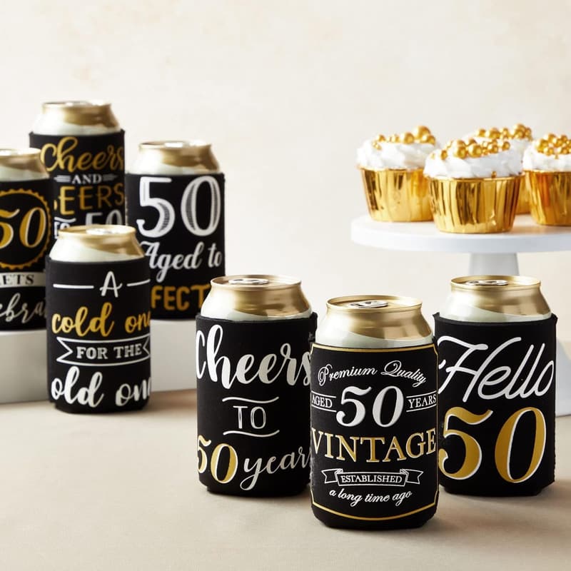 50th Birthday Can Cooler Sleeves - Black & Gold, 12 Pack