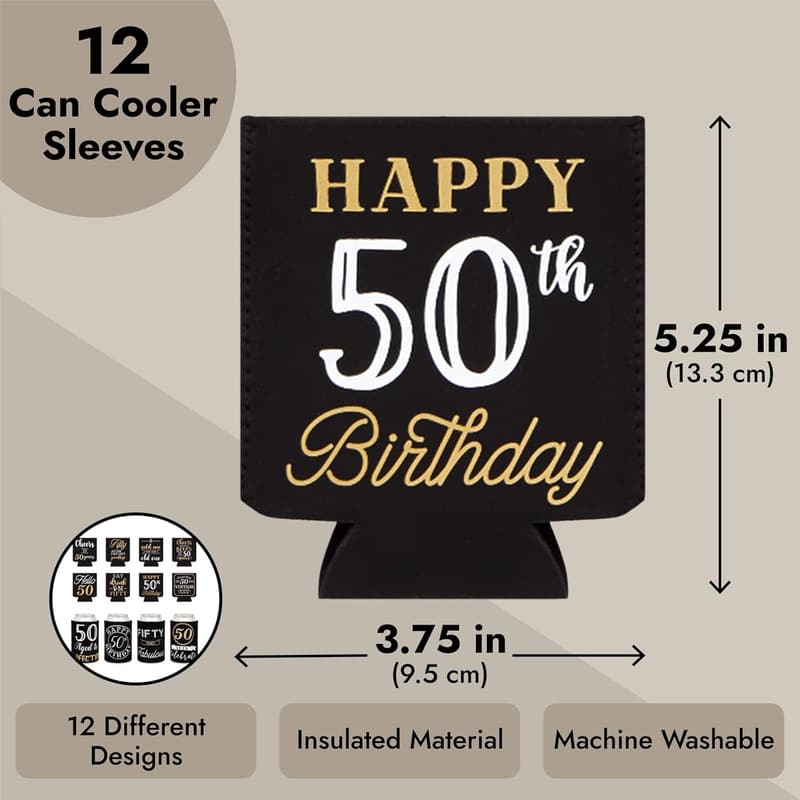 50th Birthday Can Cooler Sleeves - Black & Gold, 12 Pack