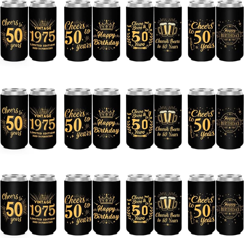 50th Birthday Neoprene Can Cooler Sleeves - 12 Pack, Black & Gold