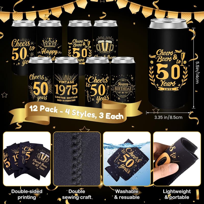 50th Birthday Neoprene Can Cooler Sleeves - 12 Pack, Black & Gold