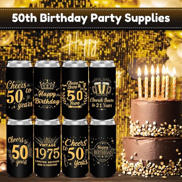 50th Birthday Neoprene Can Cooler Sleeves - 12 Pack, Black & Gold