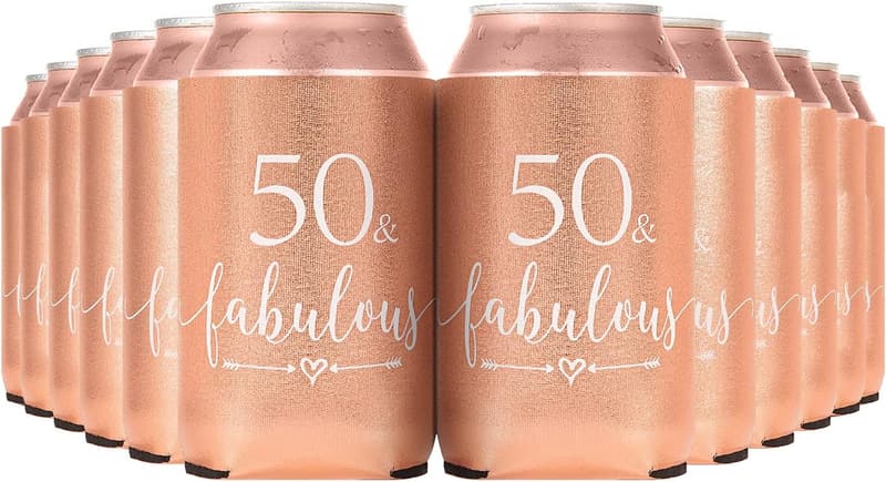 50th Birthday Rose Gold Can Coolers - 12 Pack Insulated Sleeves
