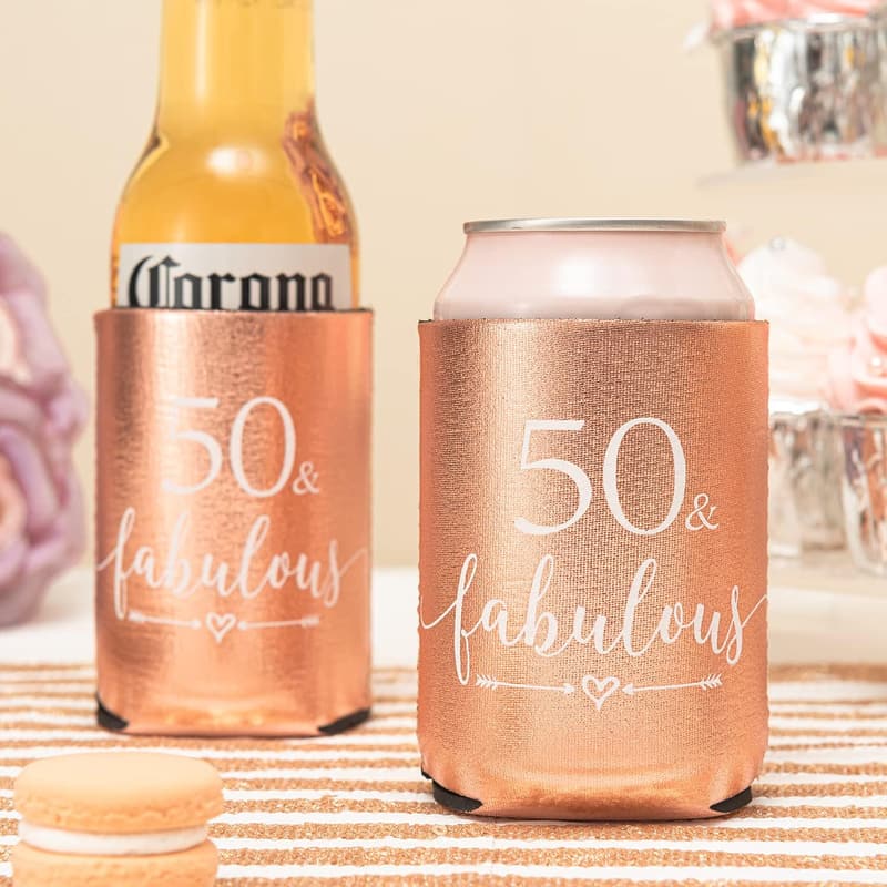 50th Birthday Rose Gold Can Coolers - 12 Pack Insulated Sleeves