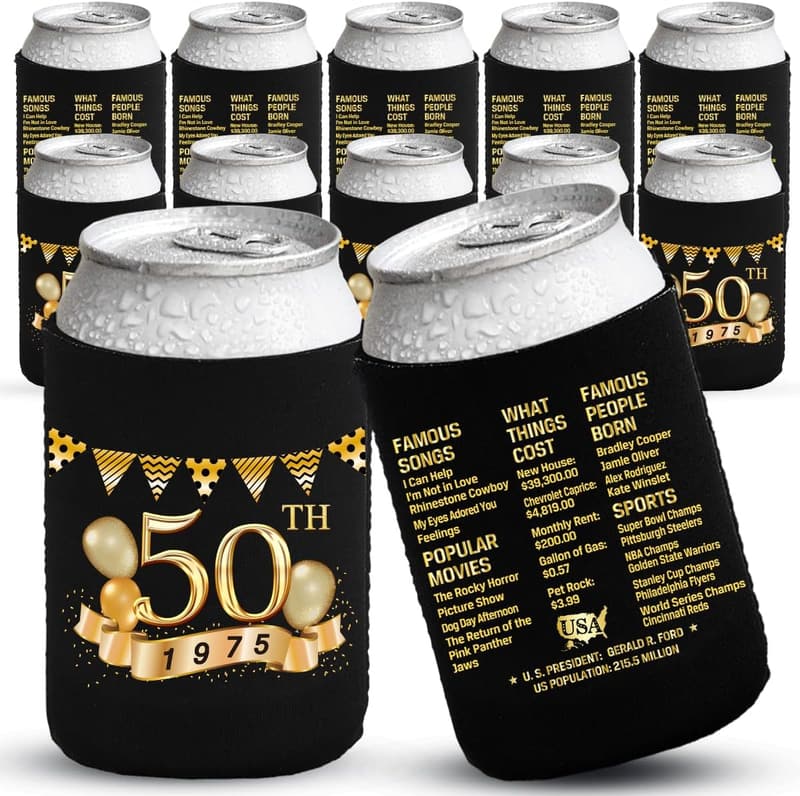 50th Birthday Can Coolers - Black & Gold - Pack of 12