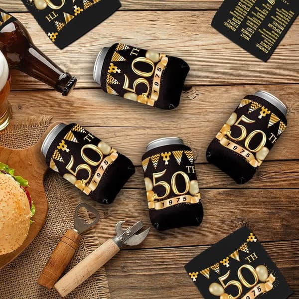 50th Birthday Can Coolers - Black & Gold - Pack of 12