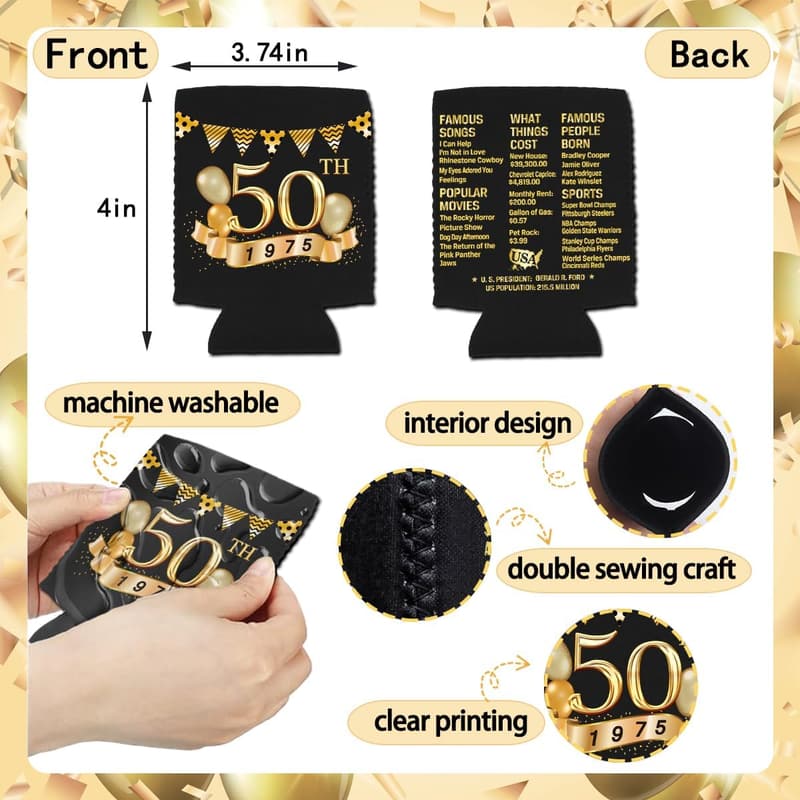 50th Birthday Can Coolers - Black & Gold - Pack of 12