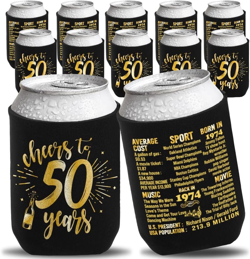 50th Birthday Decor: Vintage Koozies Beverage Sleeves Pack of 12