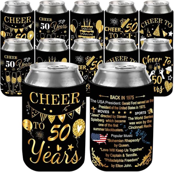 50th Birthday Decorations - 12 Pcs Black Gold Can Cooler Sleeves
