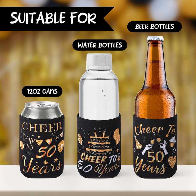 50th Birthday Decorations - 12 Pcs Black Gold Can Cooler Sleeves