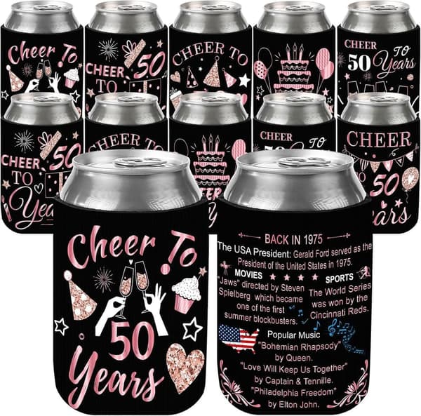 50th Birthday Rose Gold Beer Can Coolers - 12 Pack